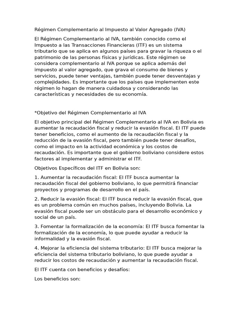 Régimen Complementario al IVA en Bolivia | PDF | Impuestos | Impuesto ...