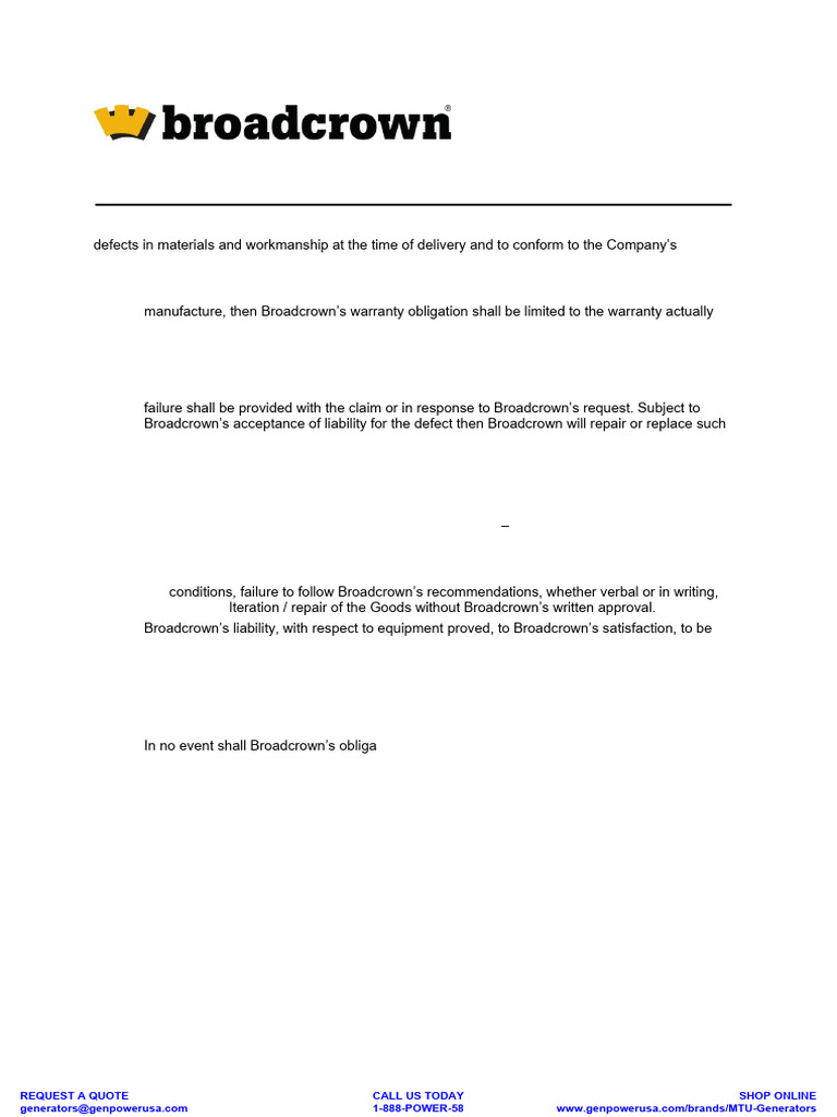 Broadcrown Generators Warranty Prime Acbcmu800s 60T2 | PDF | Legal ...