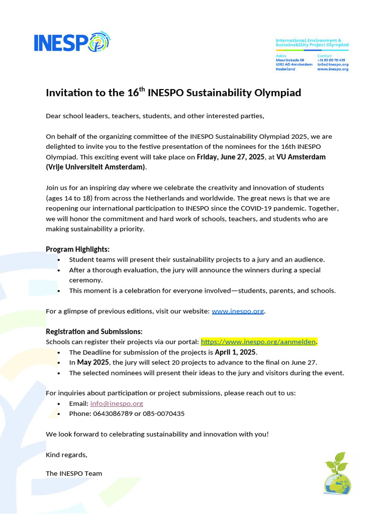 Invitation INESPO 2025 Sustainability Olympiad | PDF
