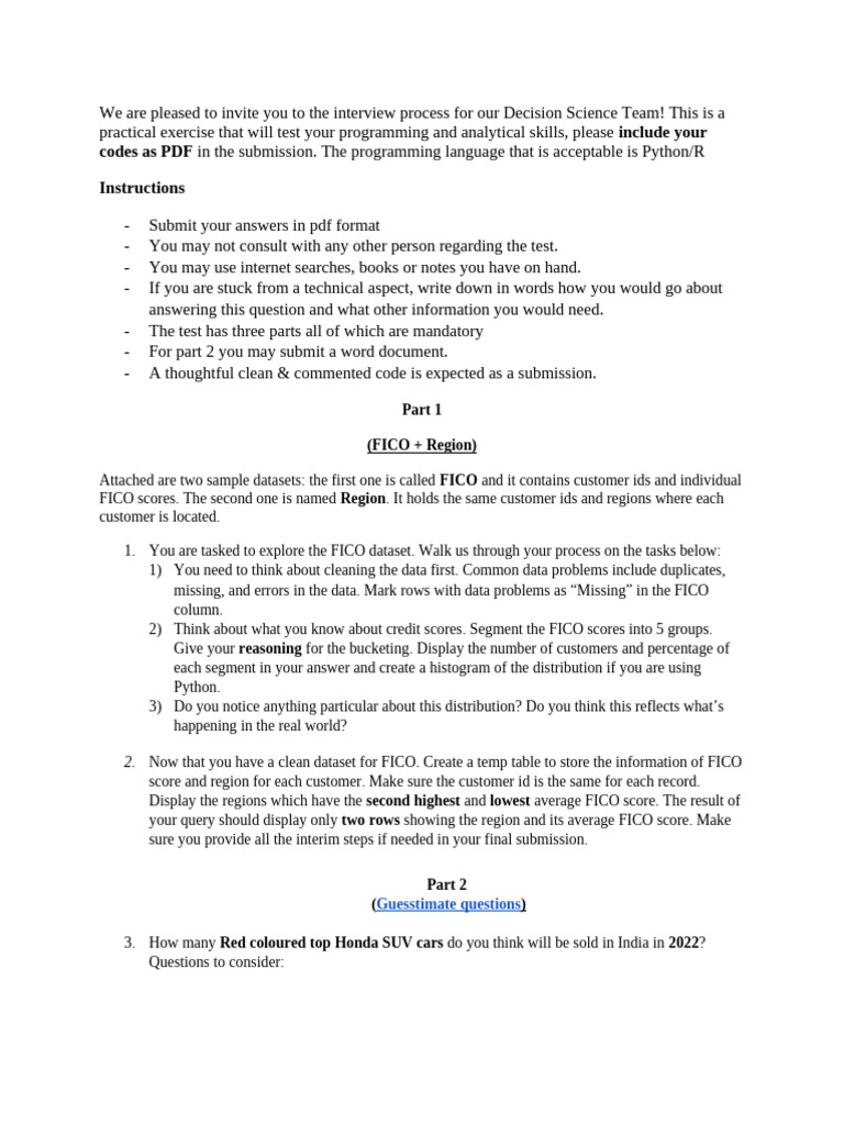 Decision Science Team Interview Instructions | PDF | Computing