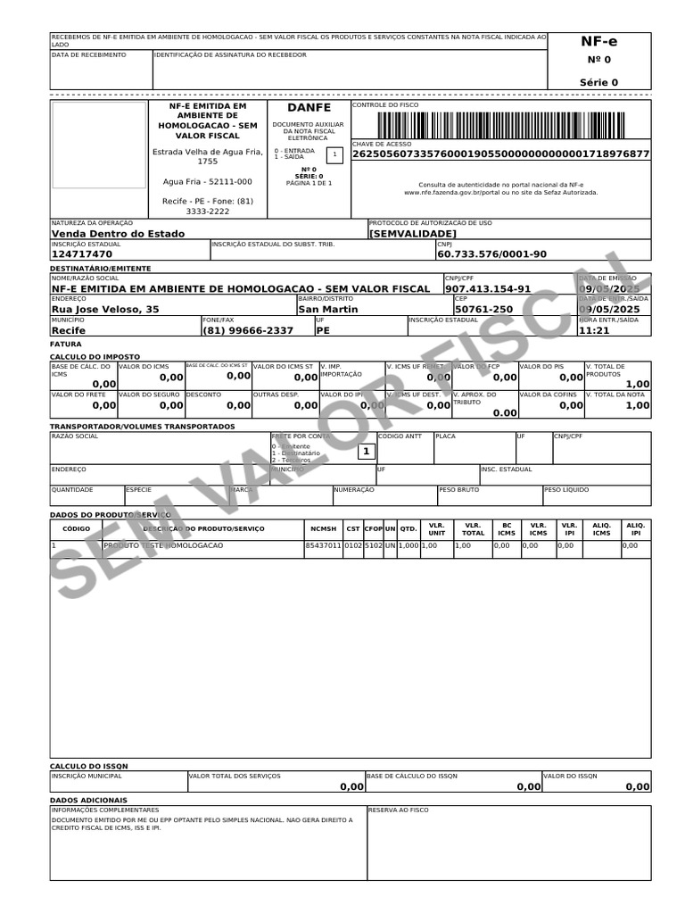 NFe 26250560733576000190550000000000031129963527 | PDF | Recibo