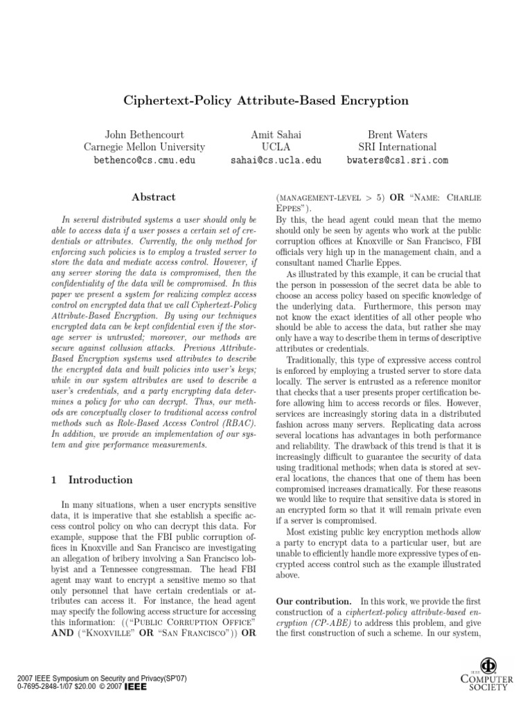 Ciphertext-Policy Attribute-Based Encryption | PDF | Encryption ...