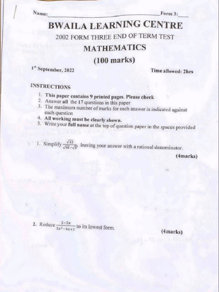 Maths Form 3 End of Term | PDF