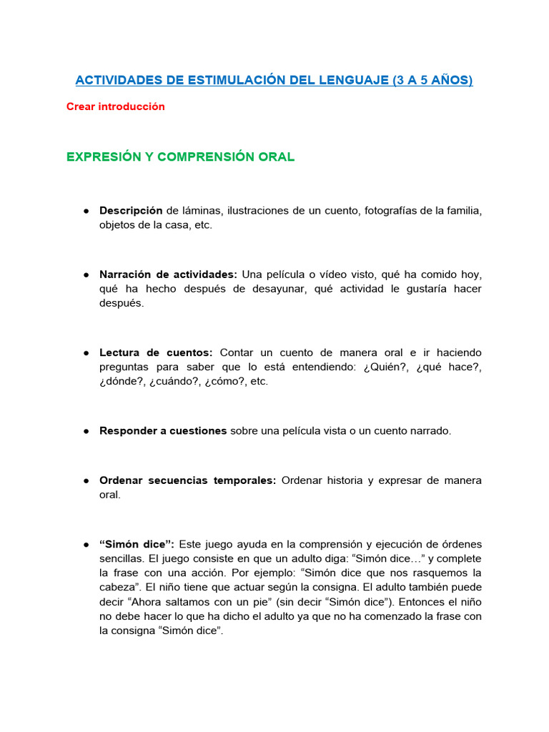 Actividades para Estimular el Lenguaje Infantil | PDF | Palabra ...