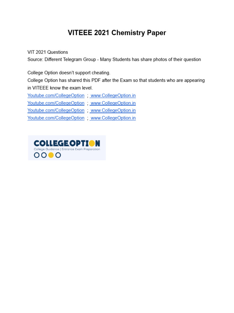 VITEEE 2021 Chemistry Exam Paper | PDF