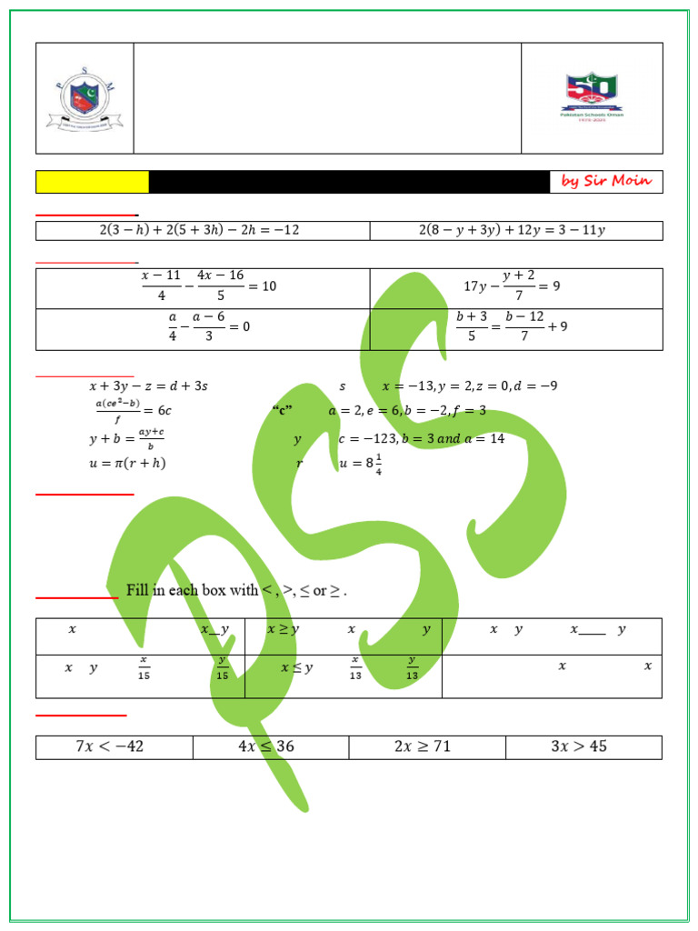 Pakistan School Suwaiq Math Worksheets 2024-25 | PDF | Area | Cartesian ...