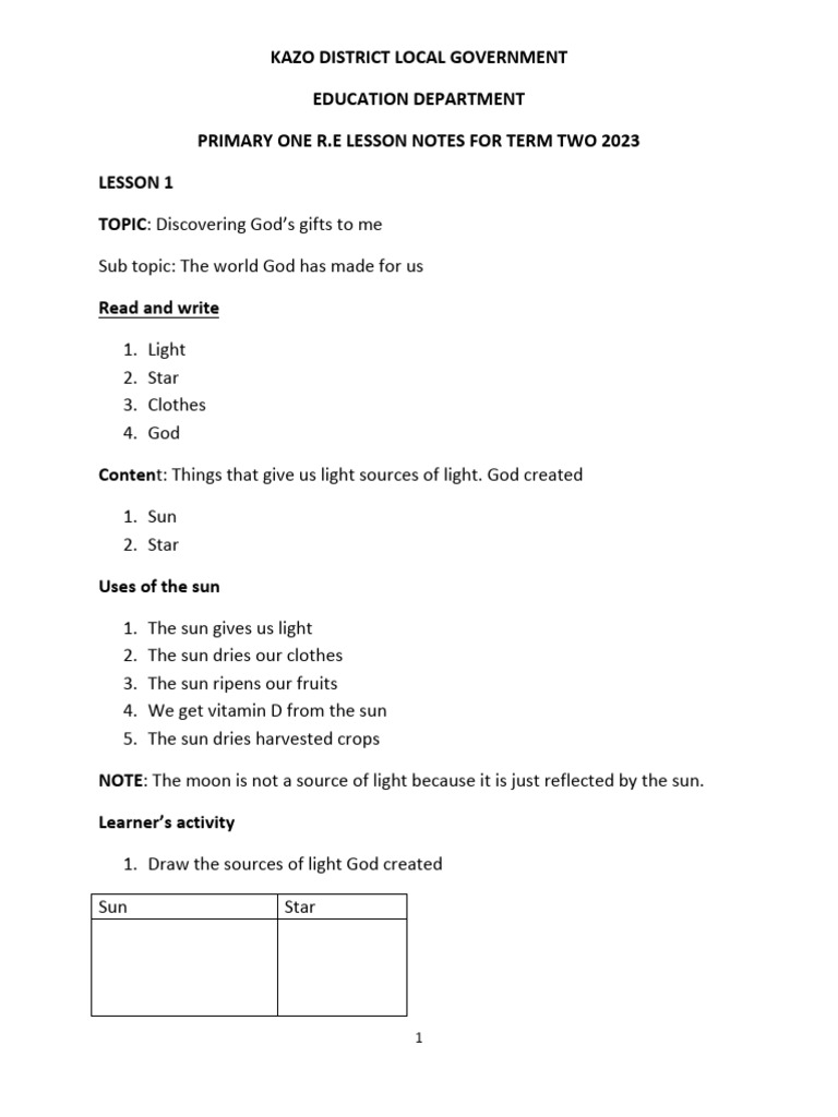 Primary One R.E. Lesson Notes 2023 | PDF | Baptism | Prayer