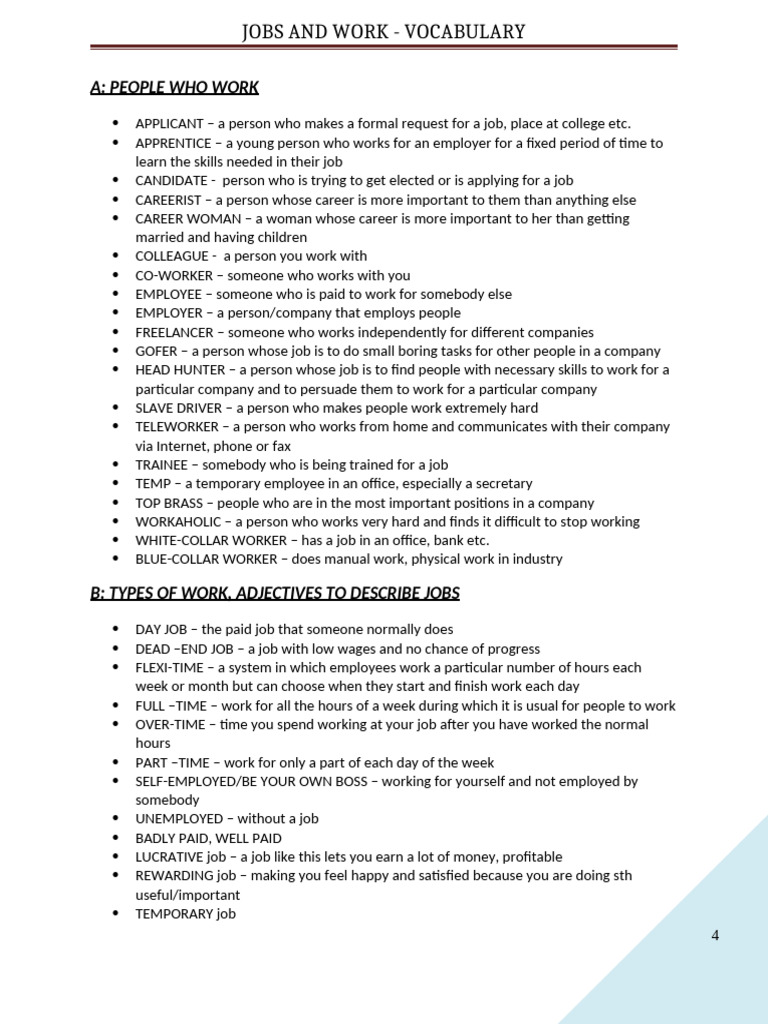 Jobs and Work Vocabulary Guide | PDF | Employment | Employee Benefits
