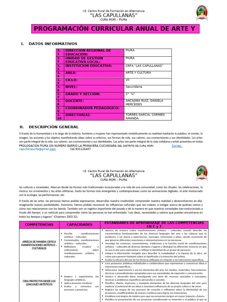 Programación Anual de Arte y Cultura 2024 | PDF | Aprendizaje | Evaluación