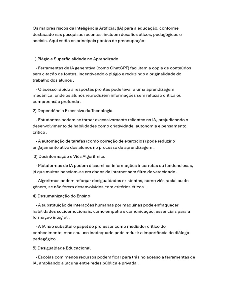Riscos da IA na Educação: Desafios e Soluções | PDF | Pedagogia ...