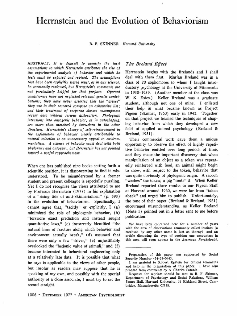 Skinner's Response to Herrnstein's Critique | PDF | Reinforcement ...