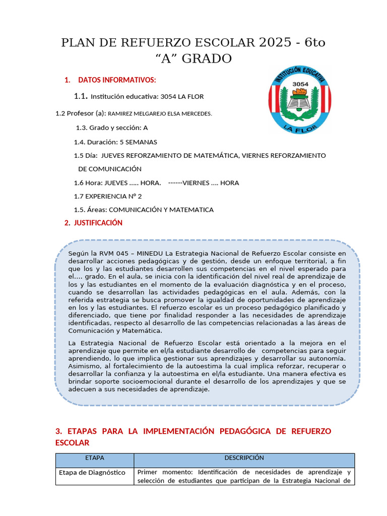 Plan de Refuerzo Escolar 2025 - 6to A | PDF | Evaluación | Aprendizaje