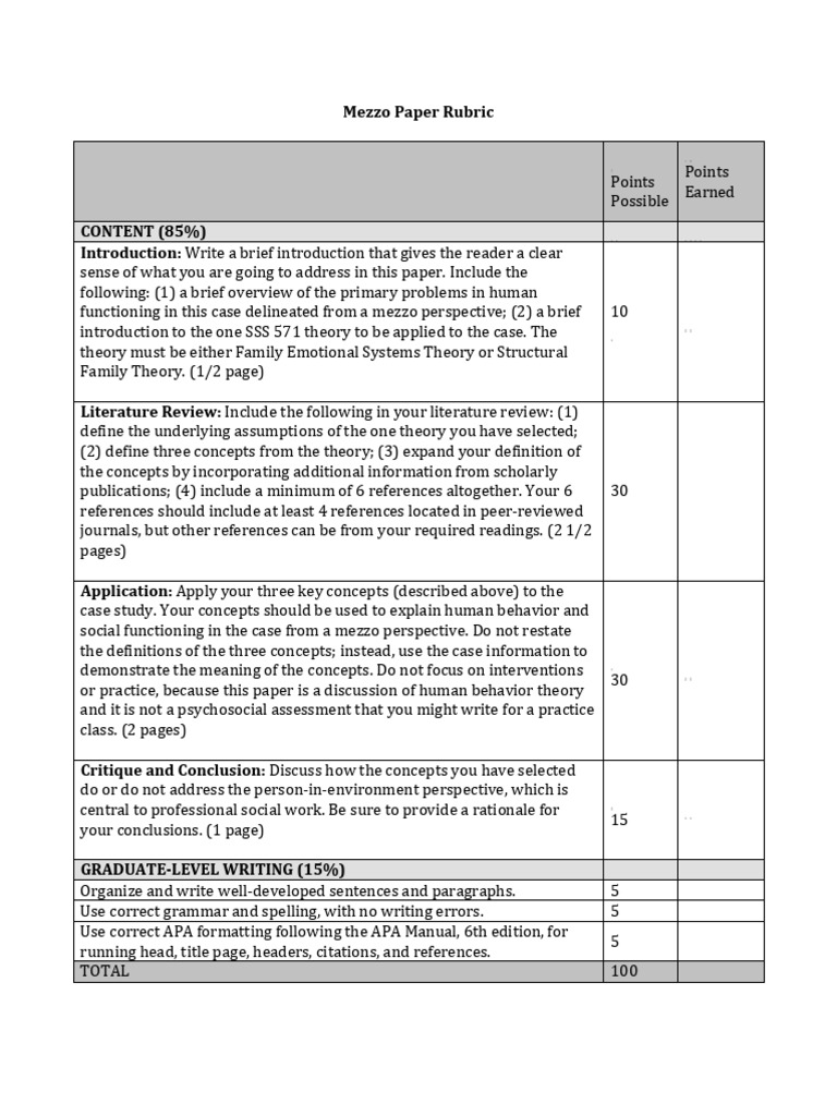 Mezzo Paper Rubric for Social Work | PDF | Apa Style | Behavioural Sciences