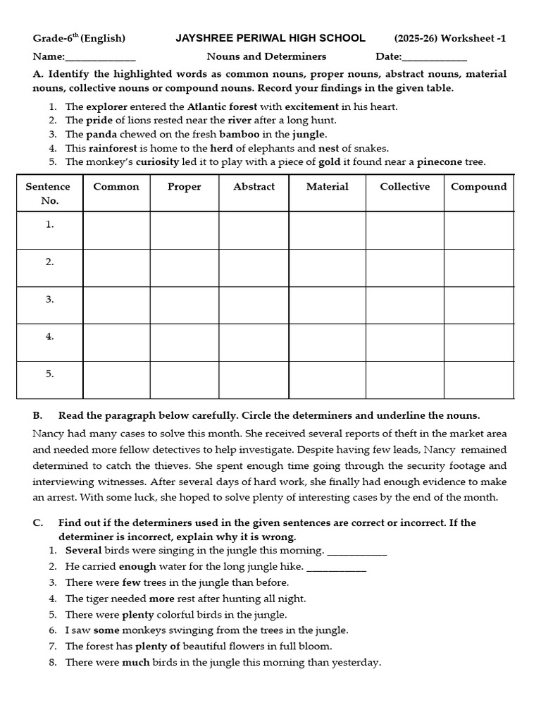 1 Nouns and Determiners Worksheet | PDF