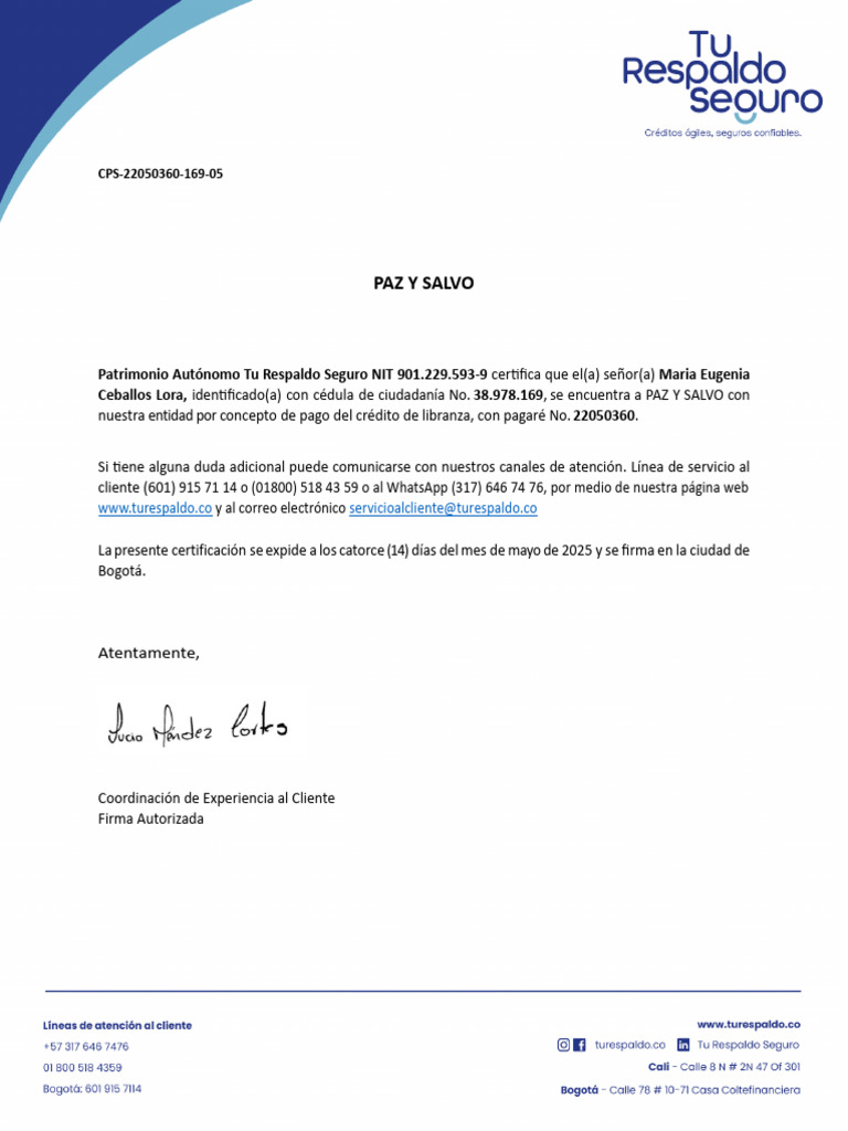 Certificación de Paz y Salvo - Tu Respaldo Seguro | PDF