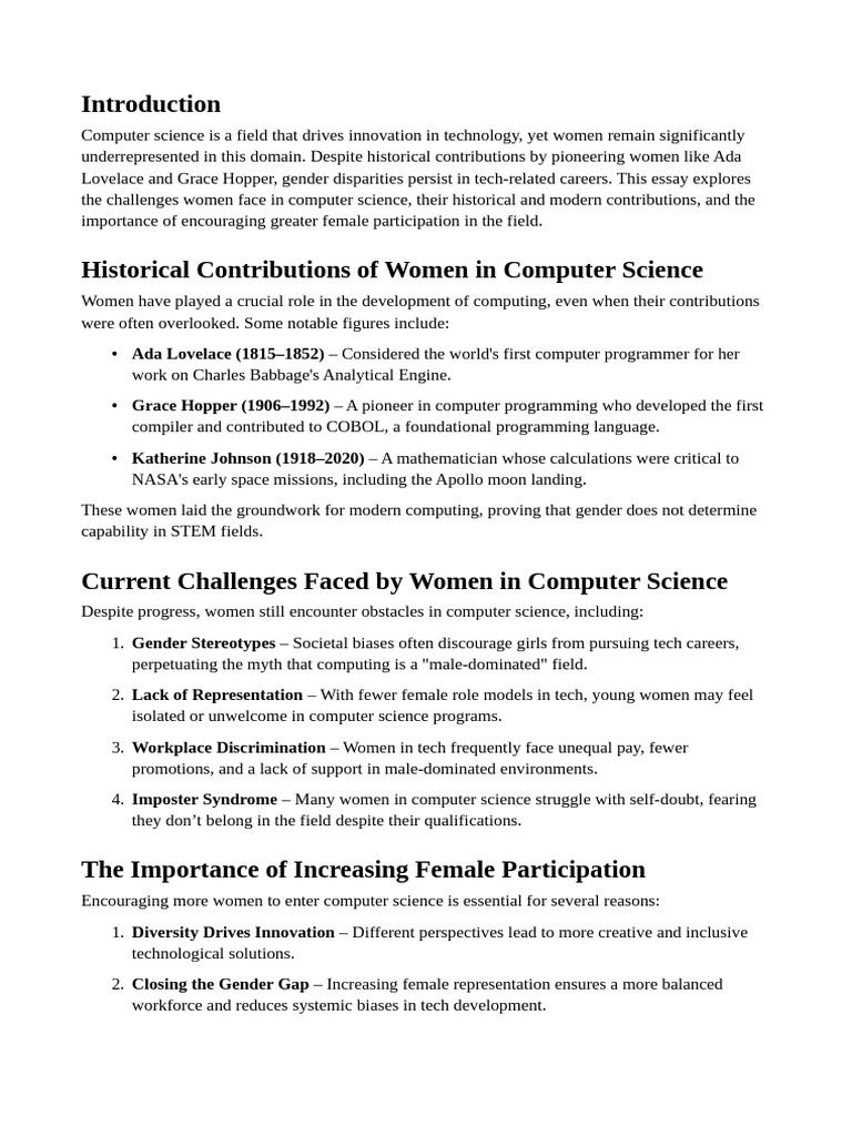 Women in Computer Science: Challenges & Contributions | PDF | Woman ...