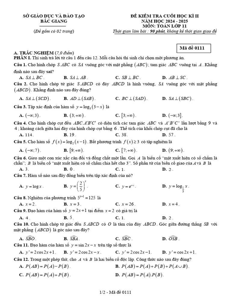 De Kiem Tra Cuoi Hoc Ki 2 Toan 11 Nam 2024 2025 So GDDT Bac Giang | PDF