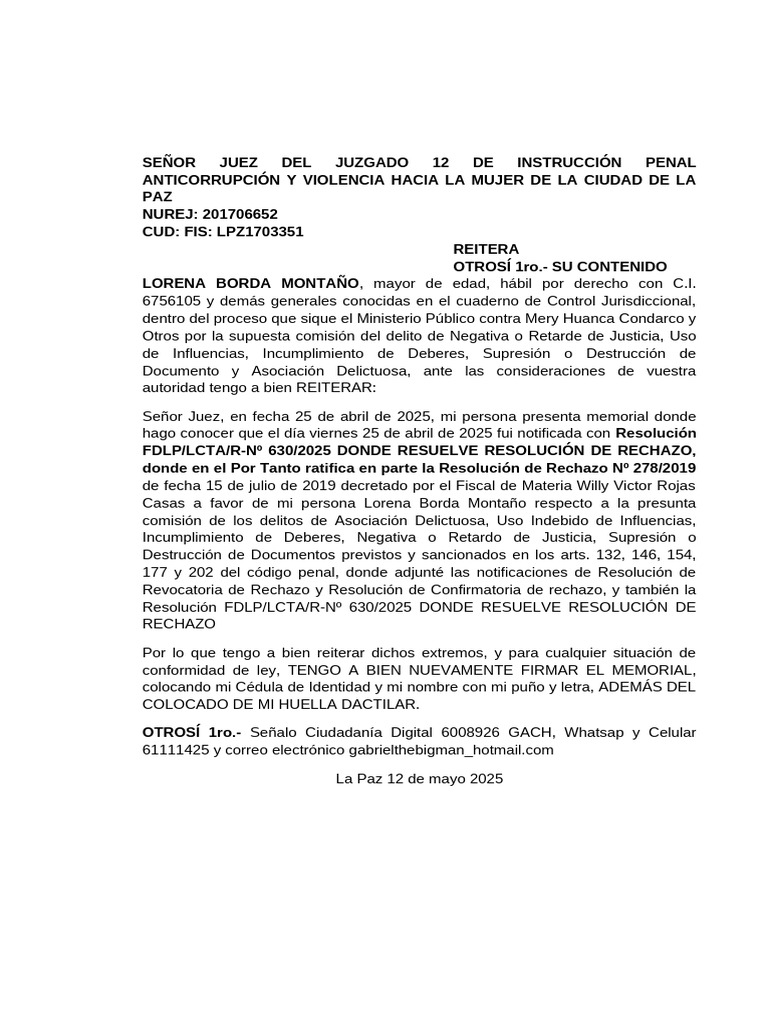 Reiteración de Resolución de Rechazo | PDF