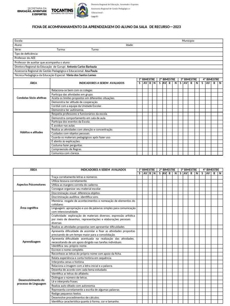 FICHA DE ACOMPANHAMENTO DO APRENDIZADO 2023. Gurupi | PDF | Pedagogia ...