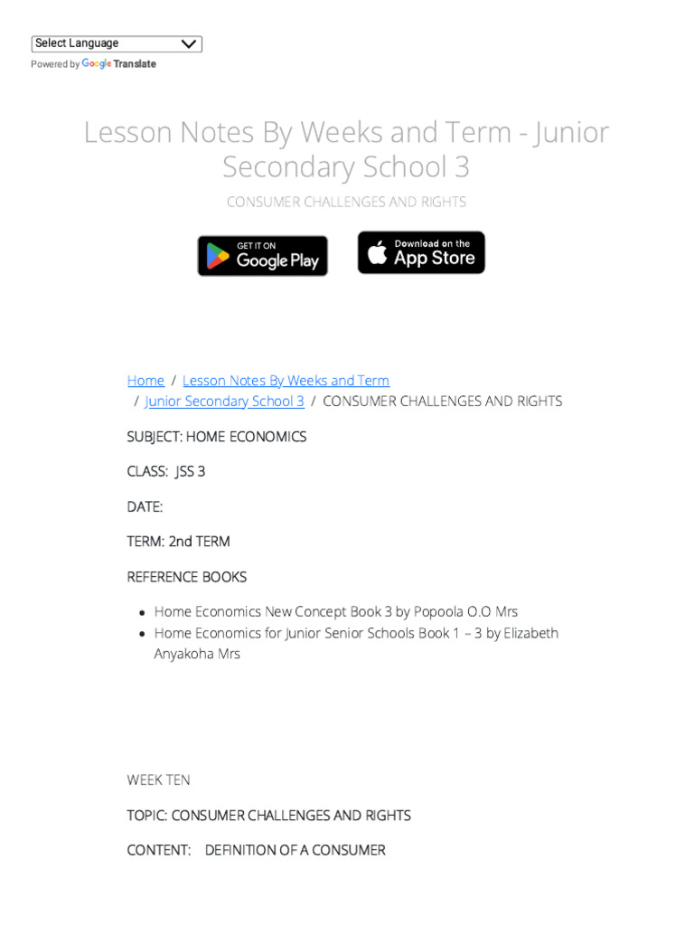 v1 - Junior Secondary School 3 - Lesson Notes For Jun | PDF | Consumer ...