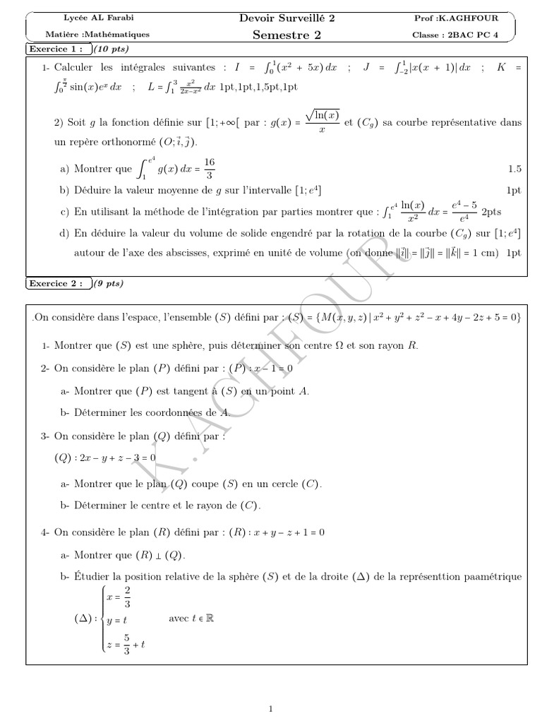 Devoir Surveillé Math 2BAC PC | PDF | Intégral | Le volume