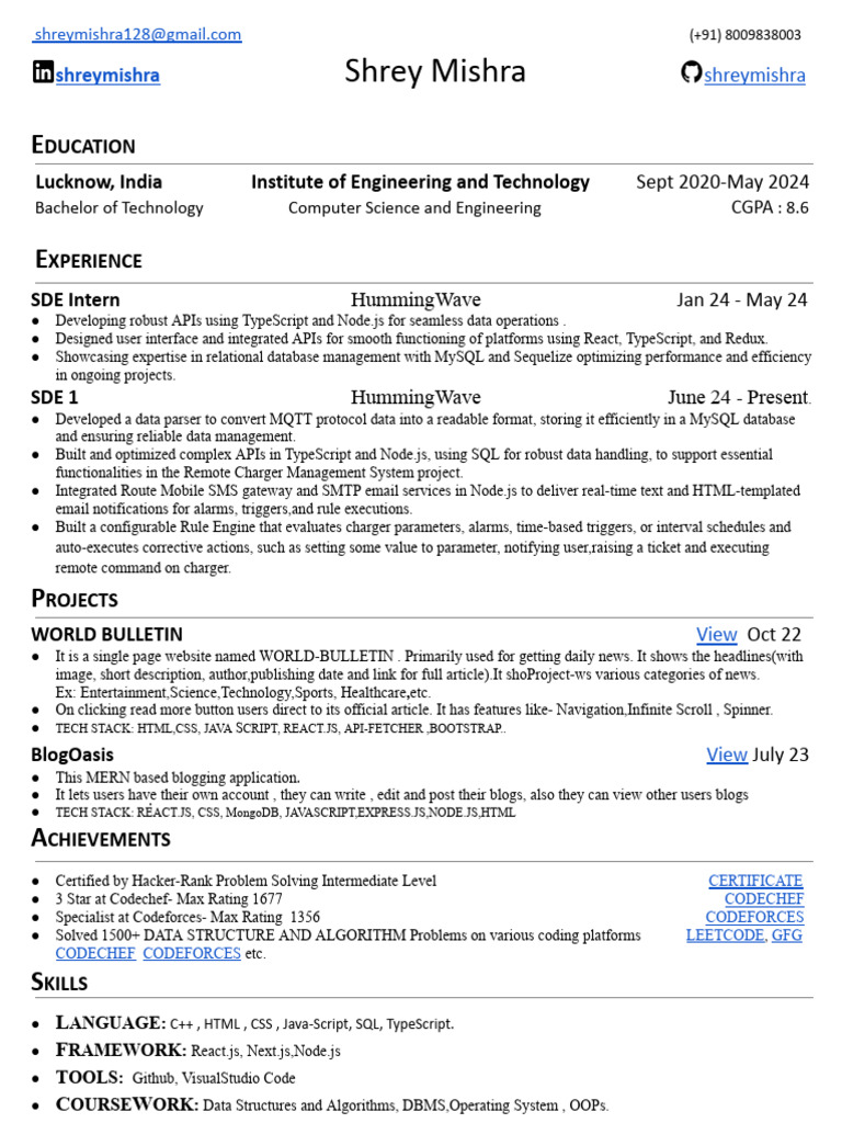 Shrey Mishra's Tech Portfolio and Resume | PDF | Java Script | Computing