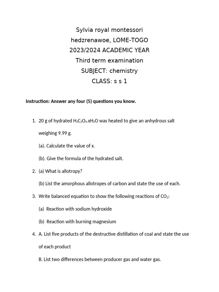 Chemistry SS 1 3RD Term Exam | PDF