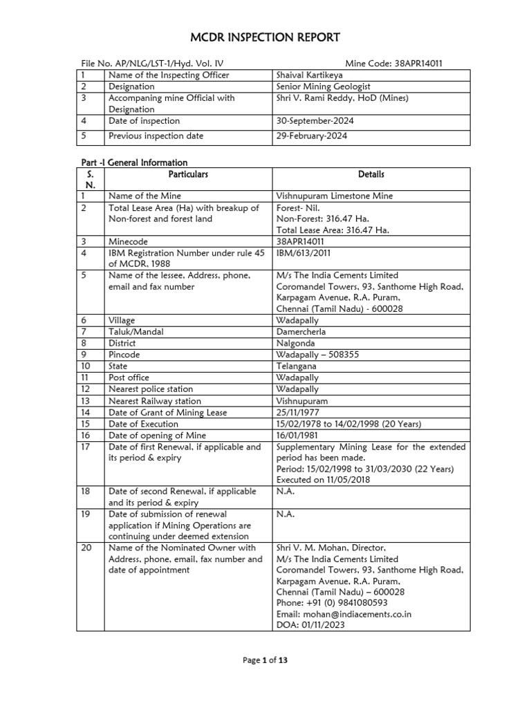 Vishnupuram Limestone Mine Inspection Report | PDF | Mining | Limestone