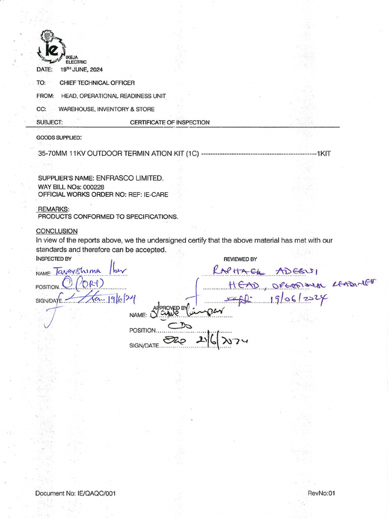 Certificate of Inspection of 35 - 70MM2 11KV 1C Outdoor Term Kit Supply ...
