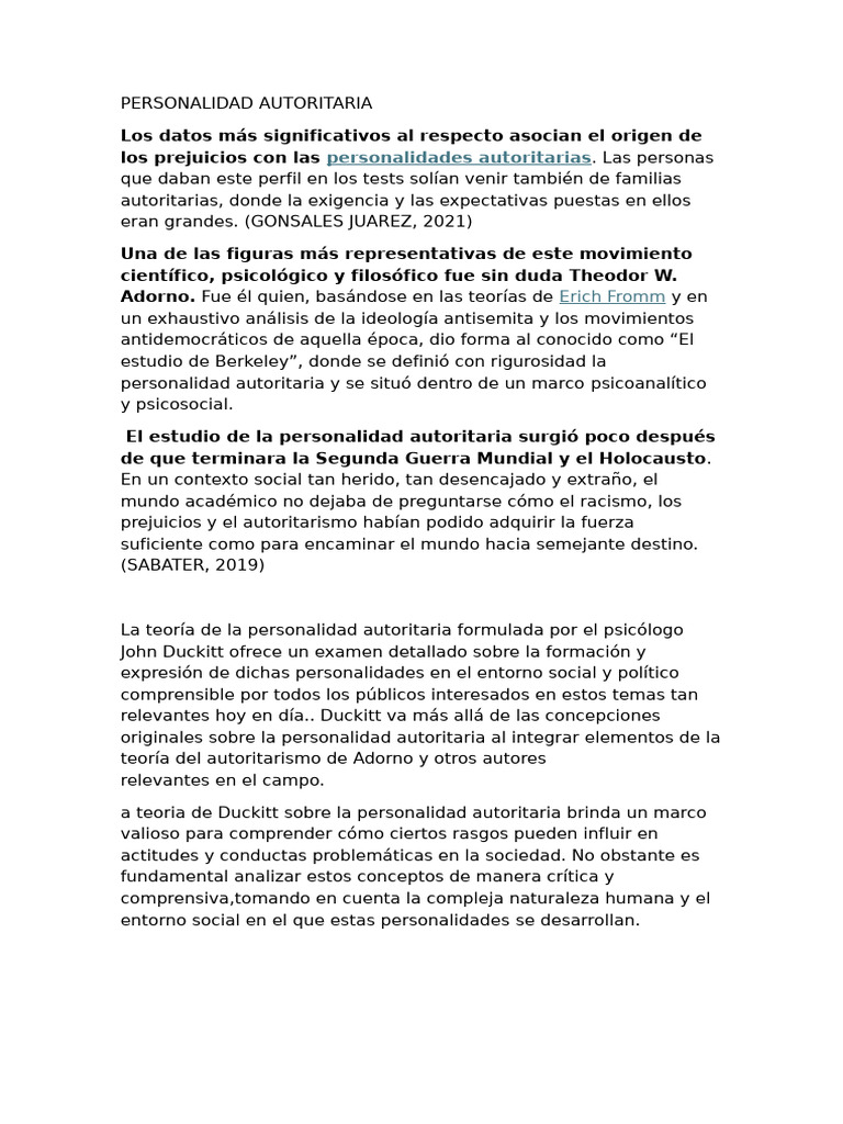 Teoría de la Personalidad Autoritaria | PDF
