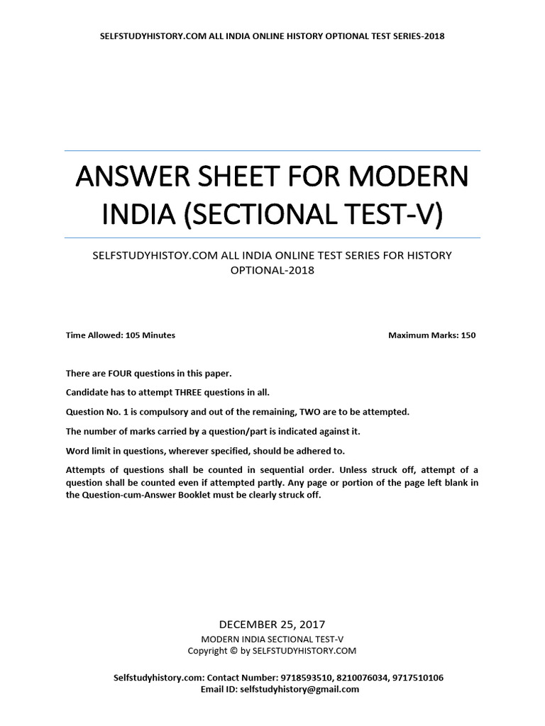 Answer Sheet Modern India Sectional Test V | PDF