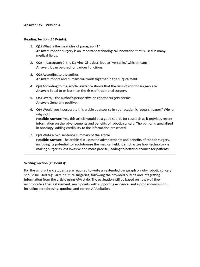 Answer Key - Version A | PDF