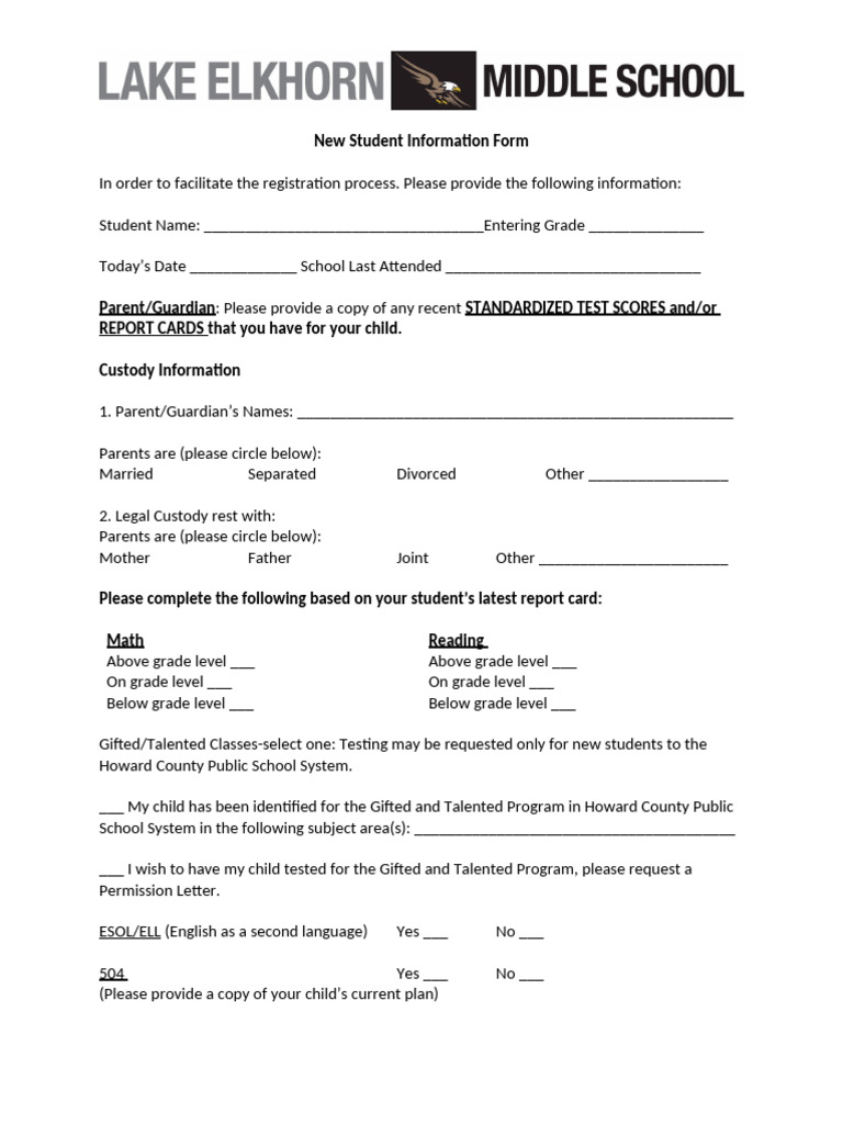 HCPSS New Student Registration Form | PDF | Gifted Education | English ...