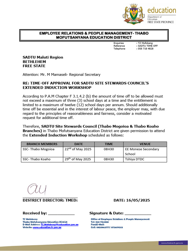 Time-Off Approval for SADTU Workshop | PDF