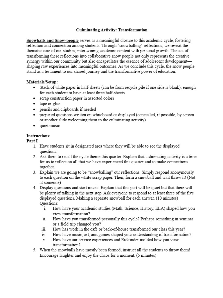Transformative Snowball Reflection Activity | PDF