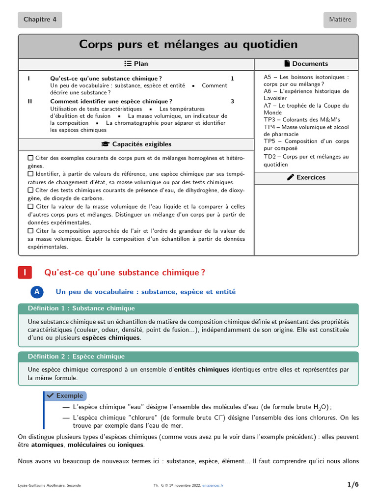 Corps purs et mélanges expliqués | PDF | Chimie | Eau