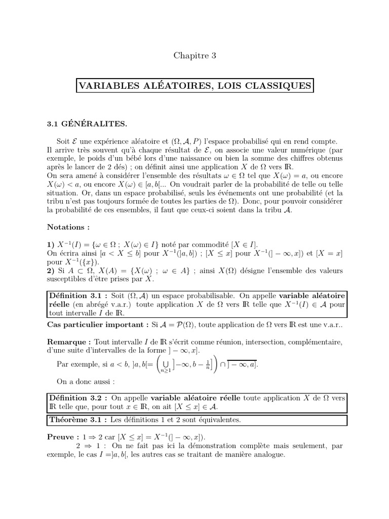Variables aléatoires et lois classiques | PDF | Analyse mathématique ...