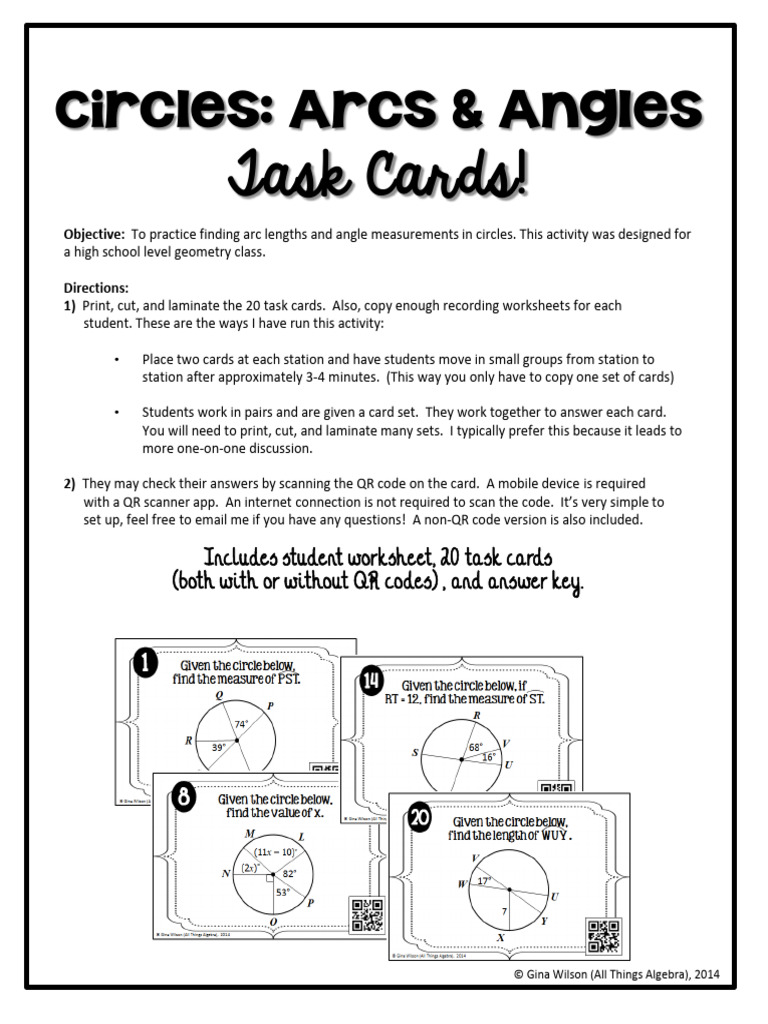 64 - Arcs & Angle Measures Task Cards | PDF | Qr Code | Angle