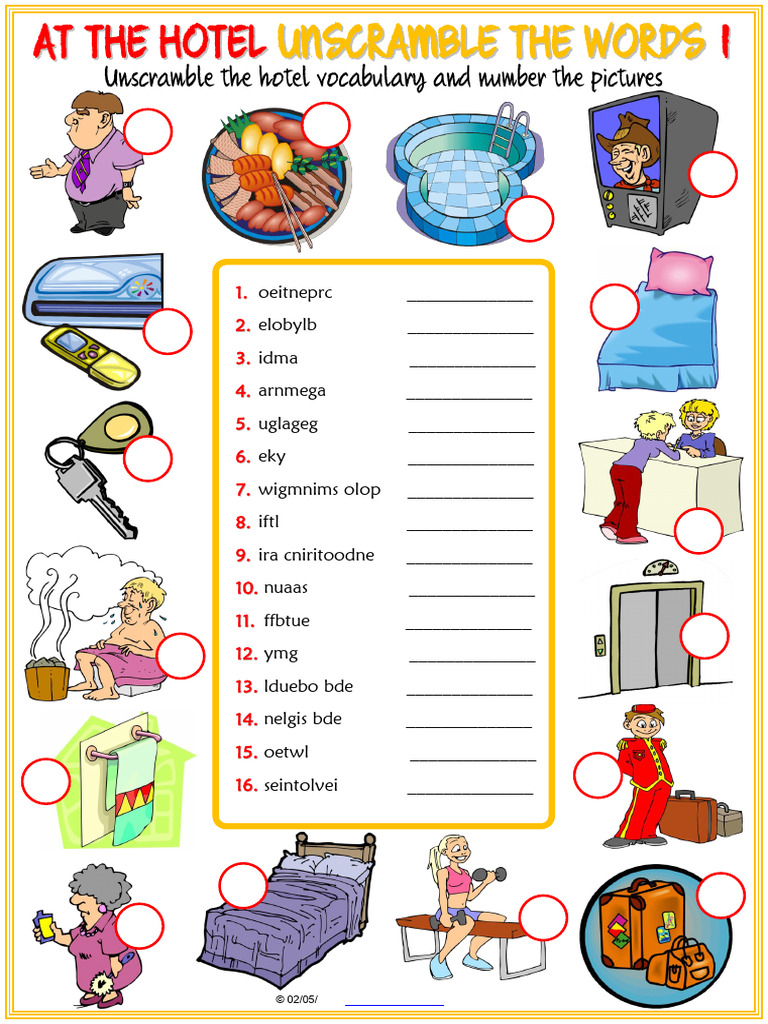 Hotel Vocabulary Esl Unscramble The Words Worksheets For Kids | PDF