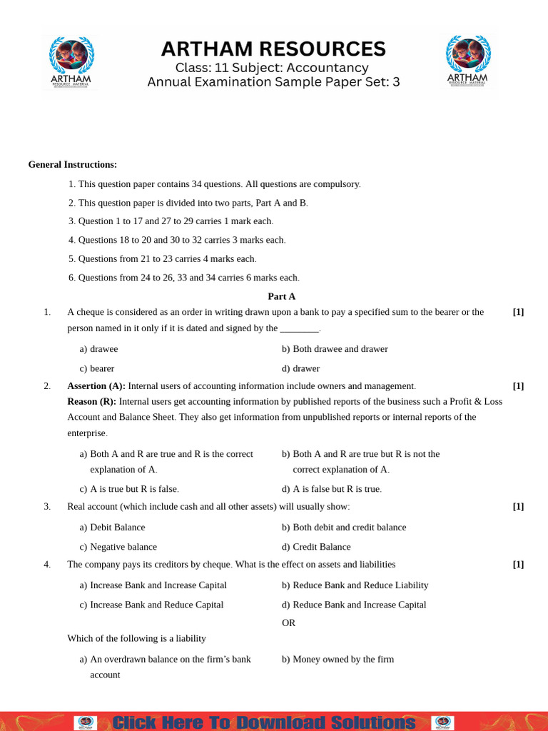 Class 11 Accountancy Sample Paper Solutions | PDF | Debits And Credits ...