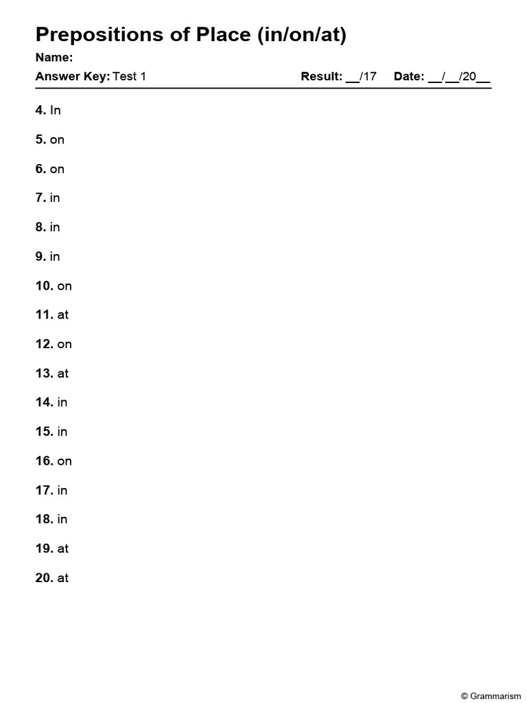 Grammarism Prepositions Of Place Test 1 Answers 2693777 Pdf