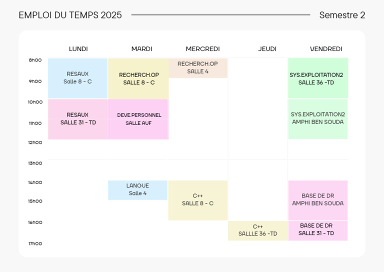 Emploi du temps 2025 : Cours et salles | PDF