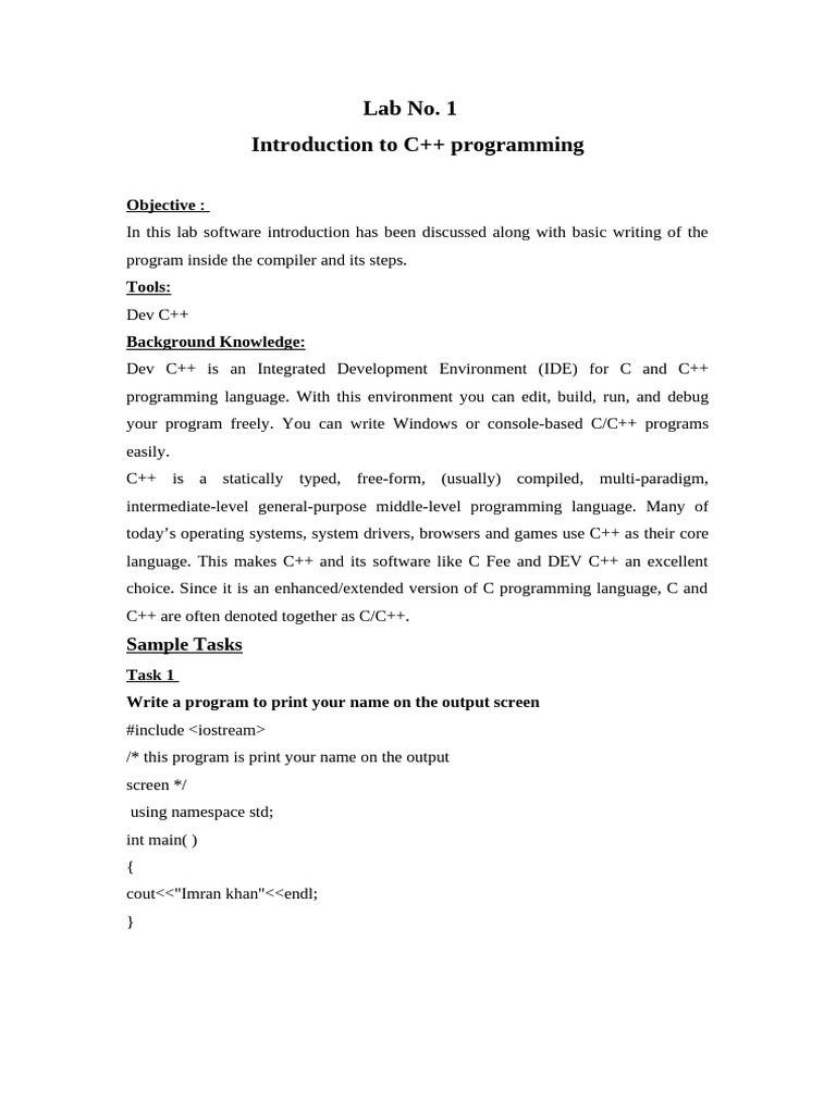 C++ Programming Lab Introduction | PDF