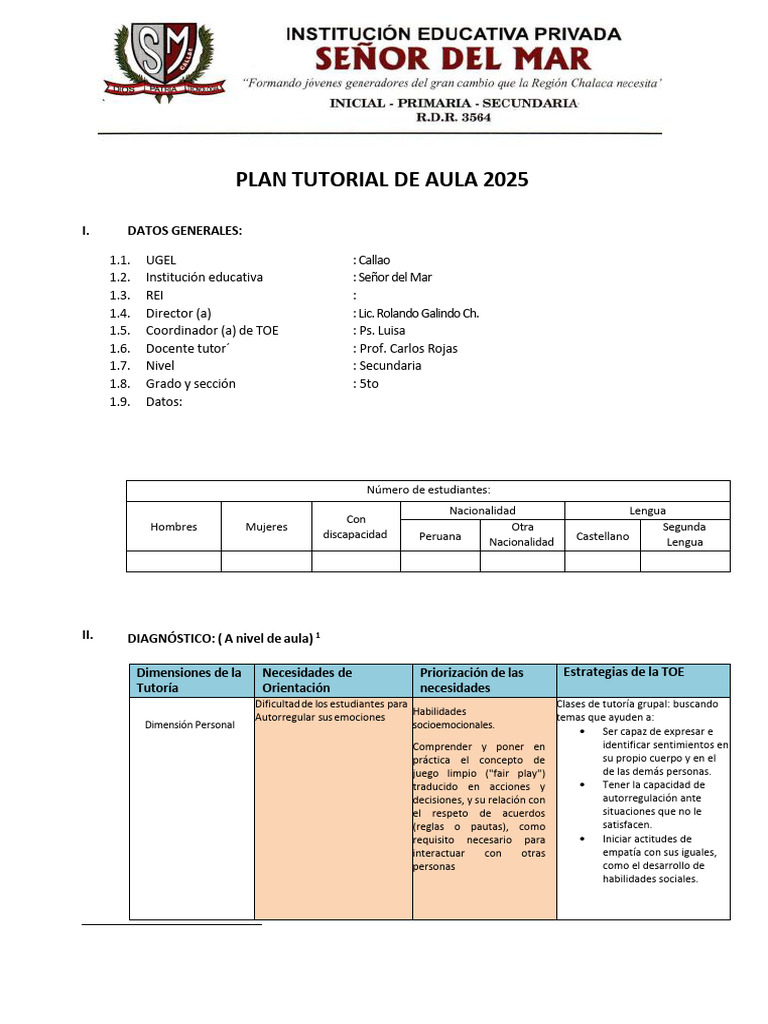 Plan de Tutoría para 5to Secundaria 2025 | PDF | Aprendizaje | Las ...