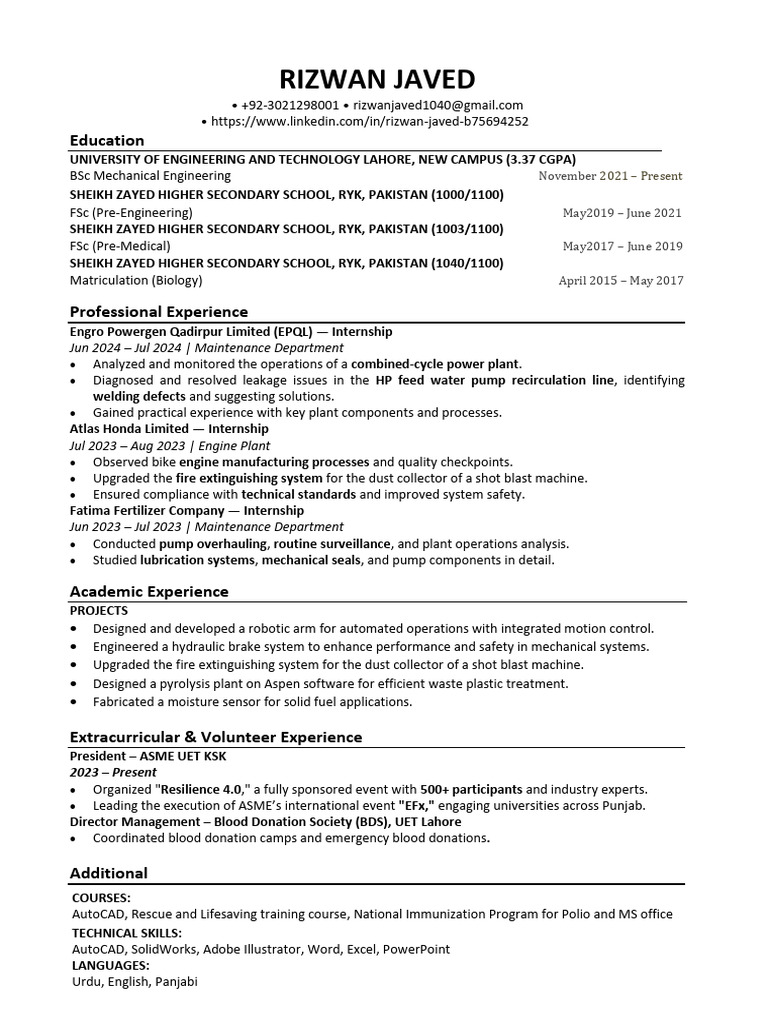 Mechanical Engineering Student Profile | PDF | Mechanical Engineering