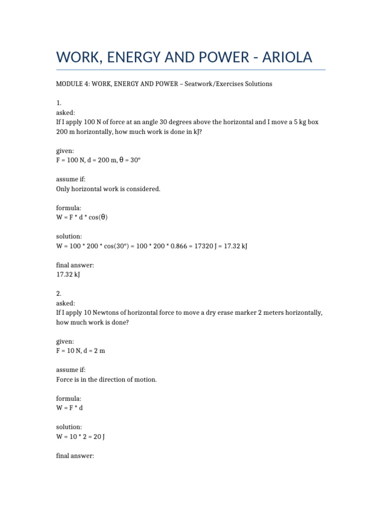 Work, Energy, and Power Exercises Solutions | PDF | Force | Mechanical ...