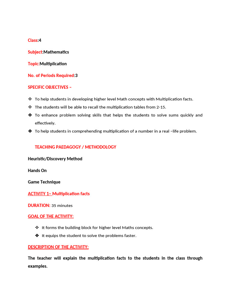 Grade 4 Multiplication Lesson Plan | PDF