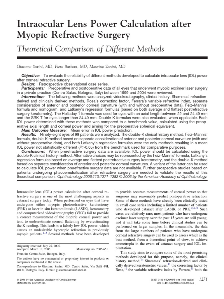 Intraocular Lens Power Calculation After | PDF | Myopia | Ophthalmology