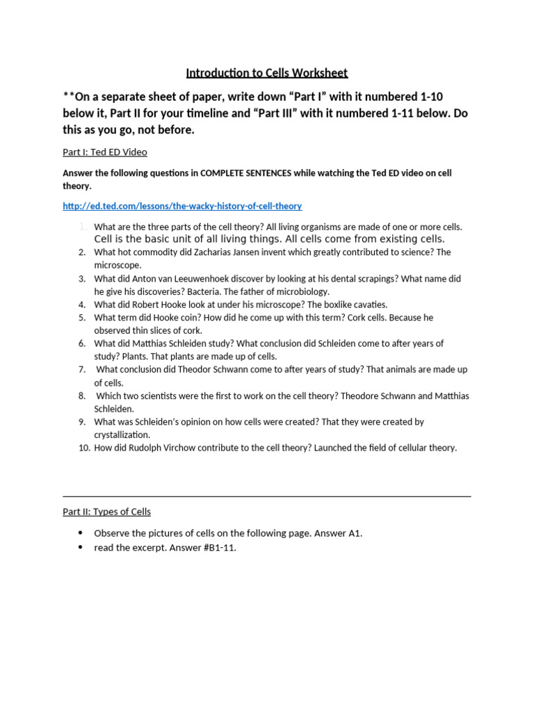 [intro to cell theory and cells] Introduction to Cells Worksheet 1 ...