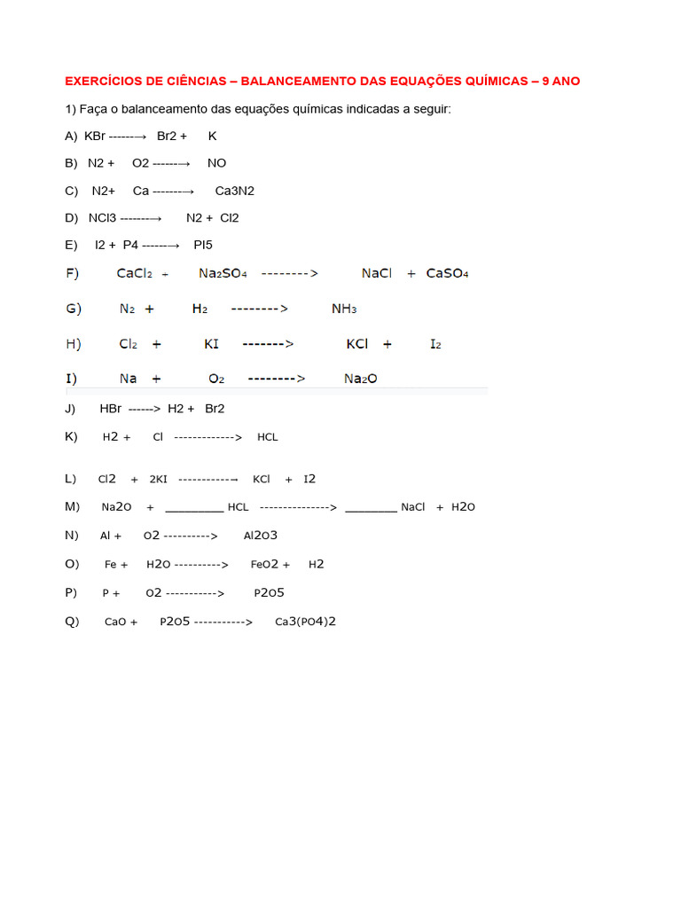 Exercícios de Balanceamento Químico 9º Ano | PDF
